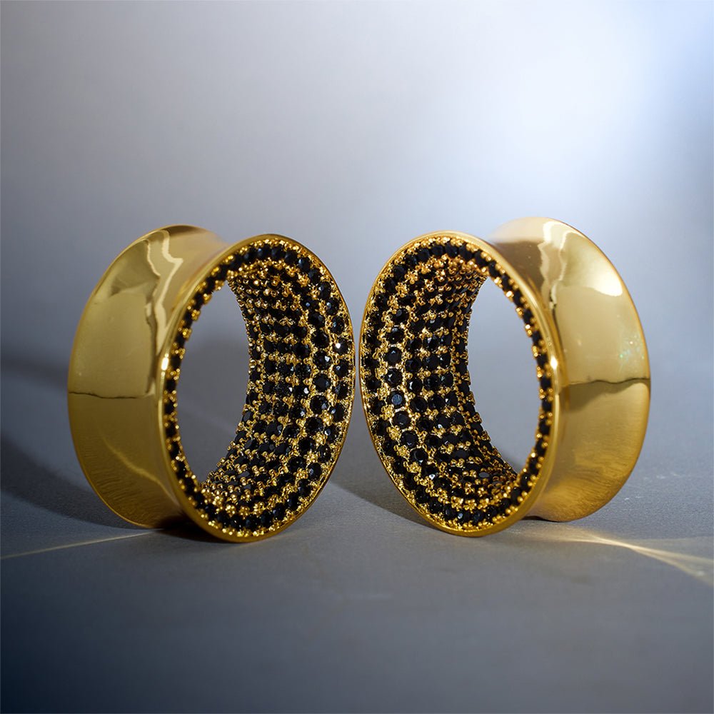 Black Moissanite 14K Gold Stars Shining Ear Gauge Tunnel(2Pcs) - AKAK BODYJEWELRY - ear - tunnel