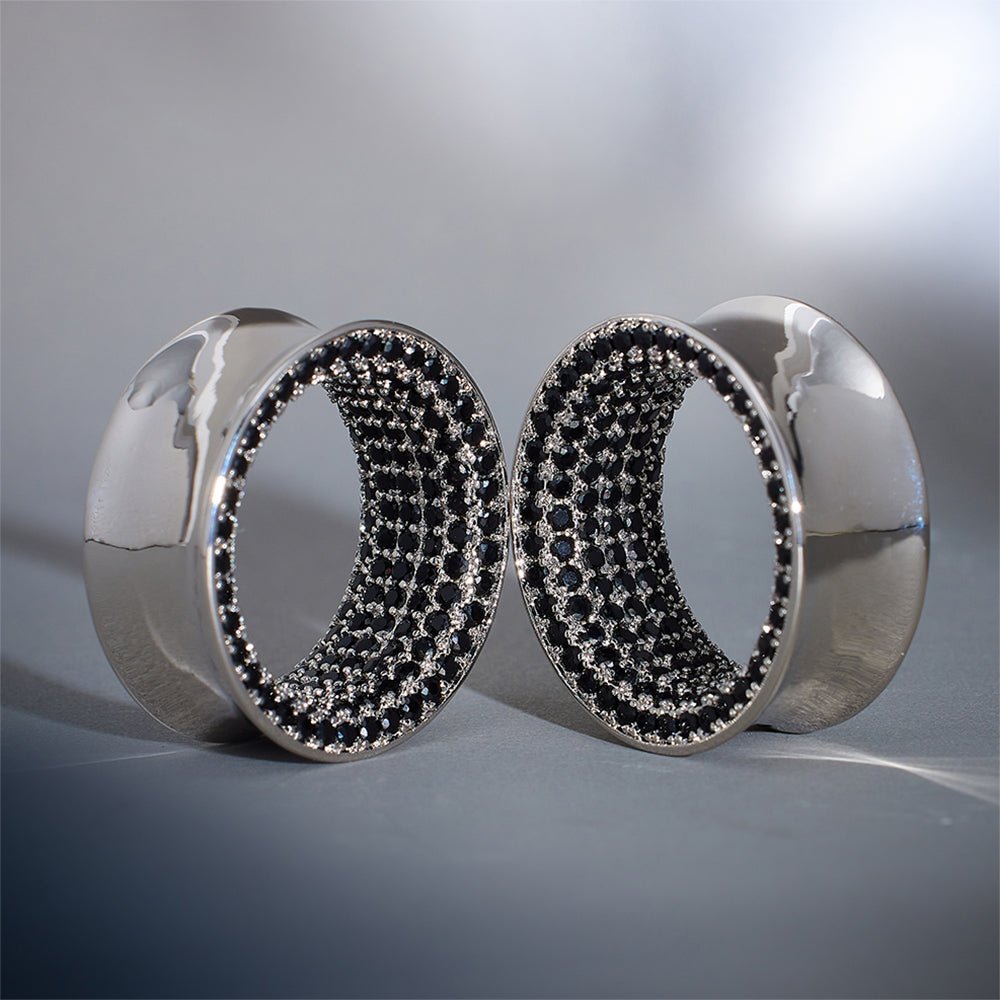 Black Moissanite 14K White Gold Stars Shining Ear Gauge Tunnel(2Pcs) - AKAK BODYJEWELRY - ear - tunnel
