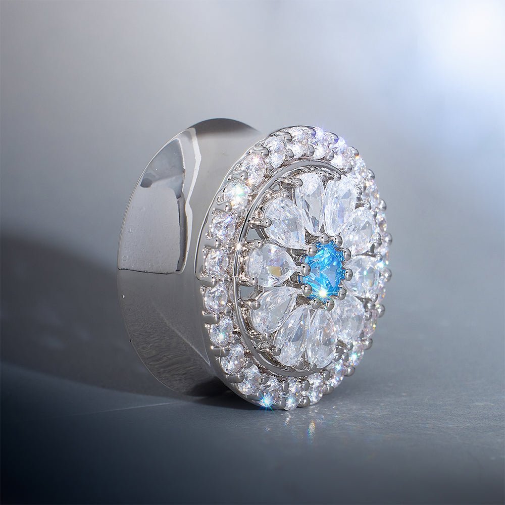 Blue Sea Daisy Moissanite 14K Ear Gauge Tunnel (2Pcs) - AKAK BODYJEWELRY - ear - tunnel