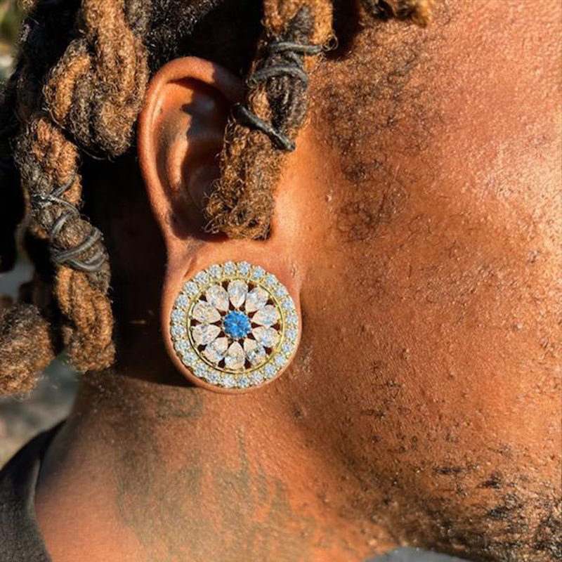 Blue Sea Daisy Moissanite 14K Ear Gauge Tunnel (2Pcs) - AKAK BODYJEWELRY - ear - tunnel