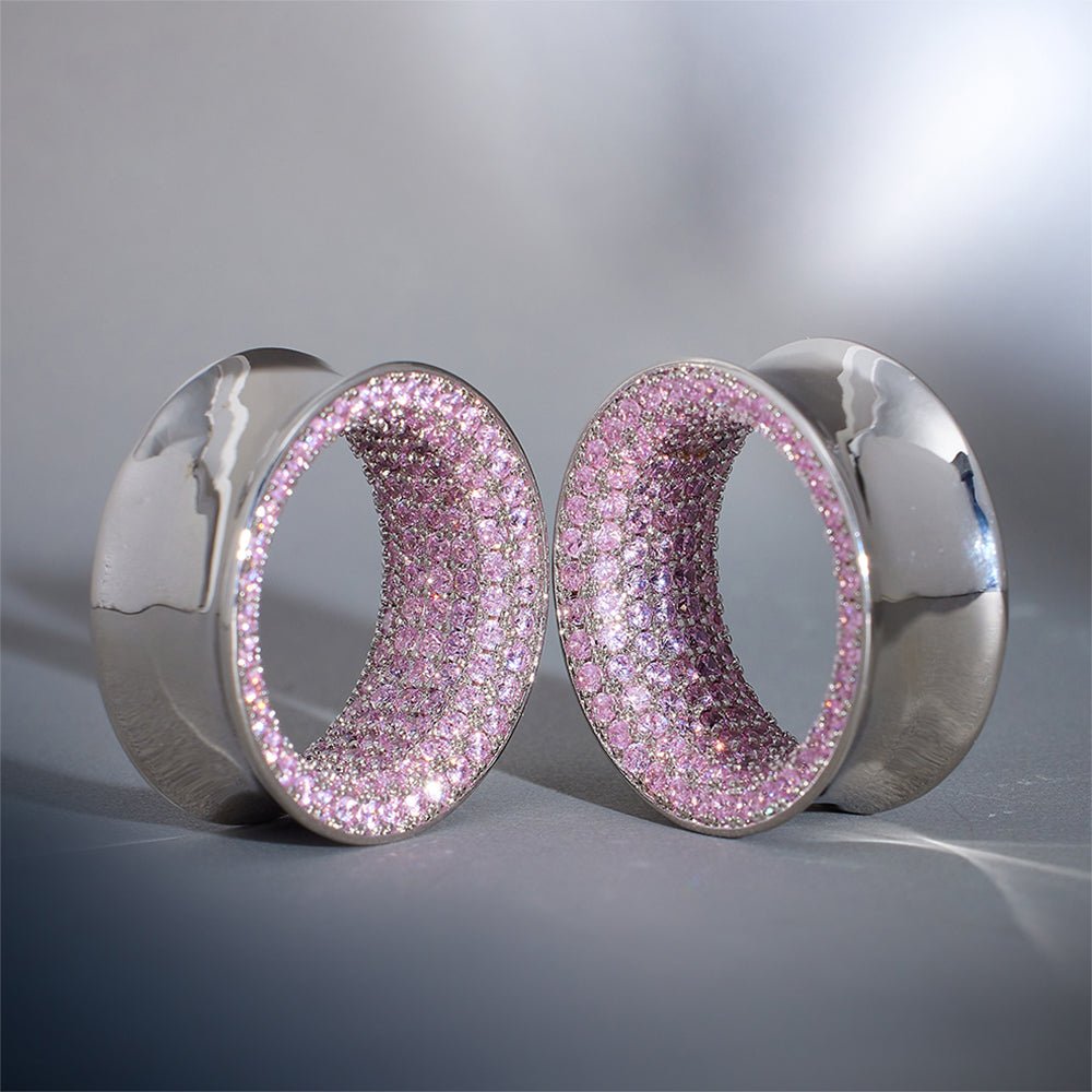 Pink Moissanite 14K White Gold Stars Shining Tunnel(2Pcs) - AKAK BODYJEWELRY - ear - tunnel