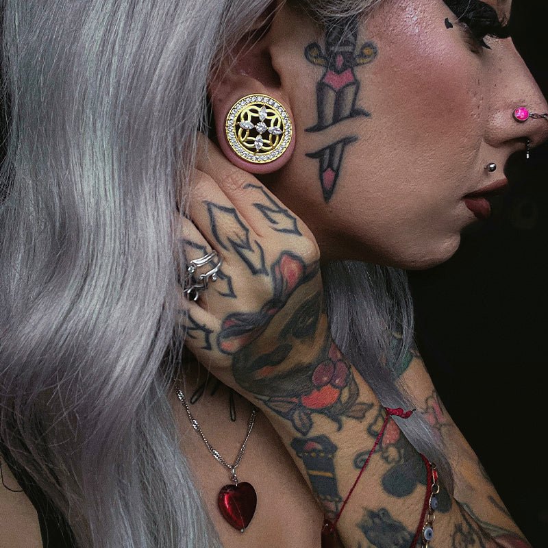 Sea View Lattice Zircon 14K Ear Gauge Tunnel (2Pcs) - AKAK BODYJEWELRY - ear - tunnel