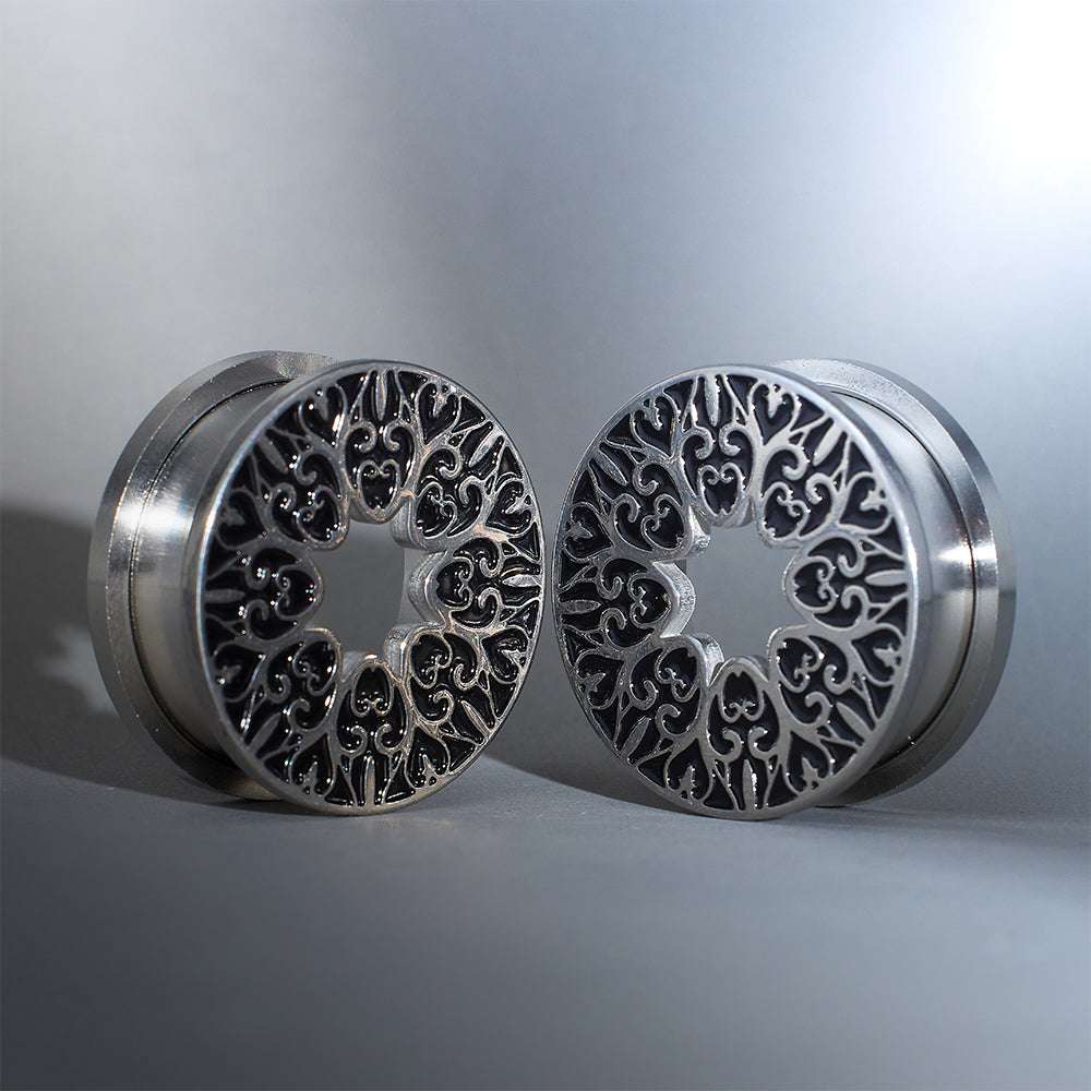 Stainless Steel Pattern Fiore Ear Piercing Ear Gauge Tunnels 2pcs - AKAK BODYJEWELRY - ear - tunnel