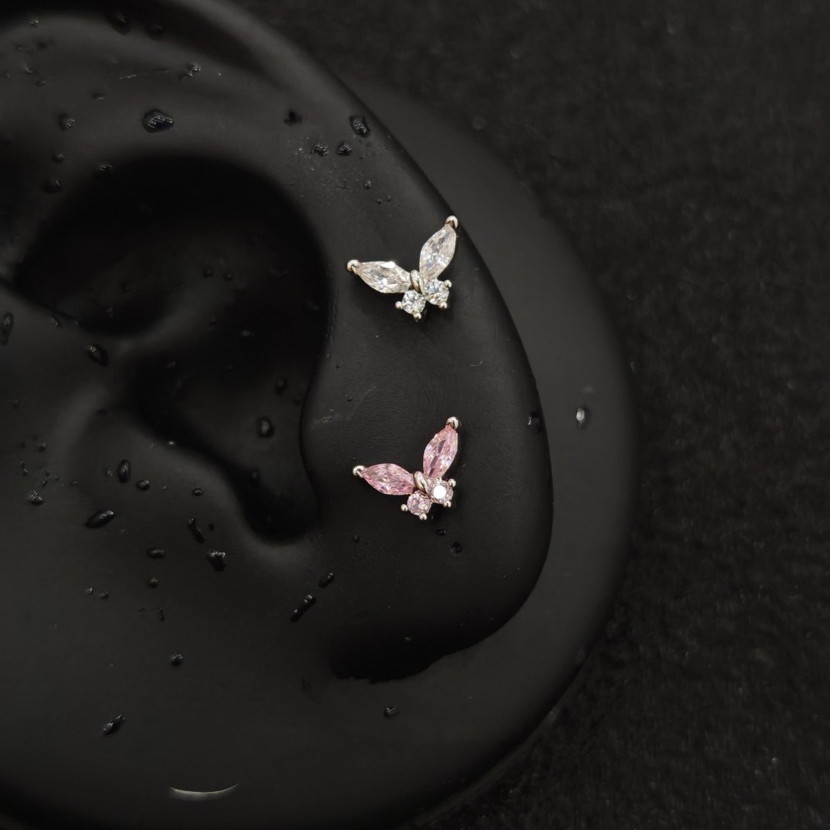 Titanium Butterfly Marquise CZ Piercing Stud – White & Pink | 1pc | Ear Nose Body Jewelry - AKAK BODYJEWELRY-ear-tunnel