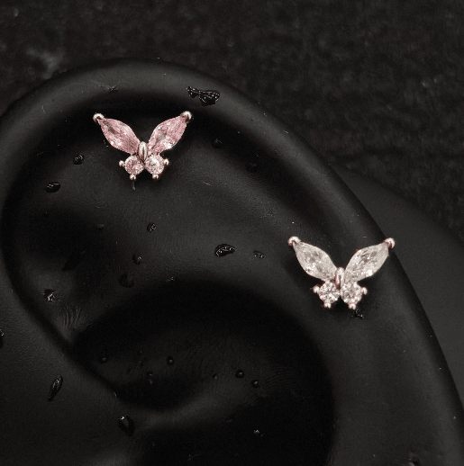 Titanium Butterfly Marquise CZ Piercing Stud – White & Pink | 1pc | Ear Nose Body Jewelry - AKAK BODYJEWELRY-ear-tunnel