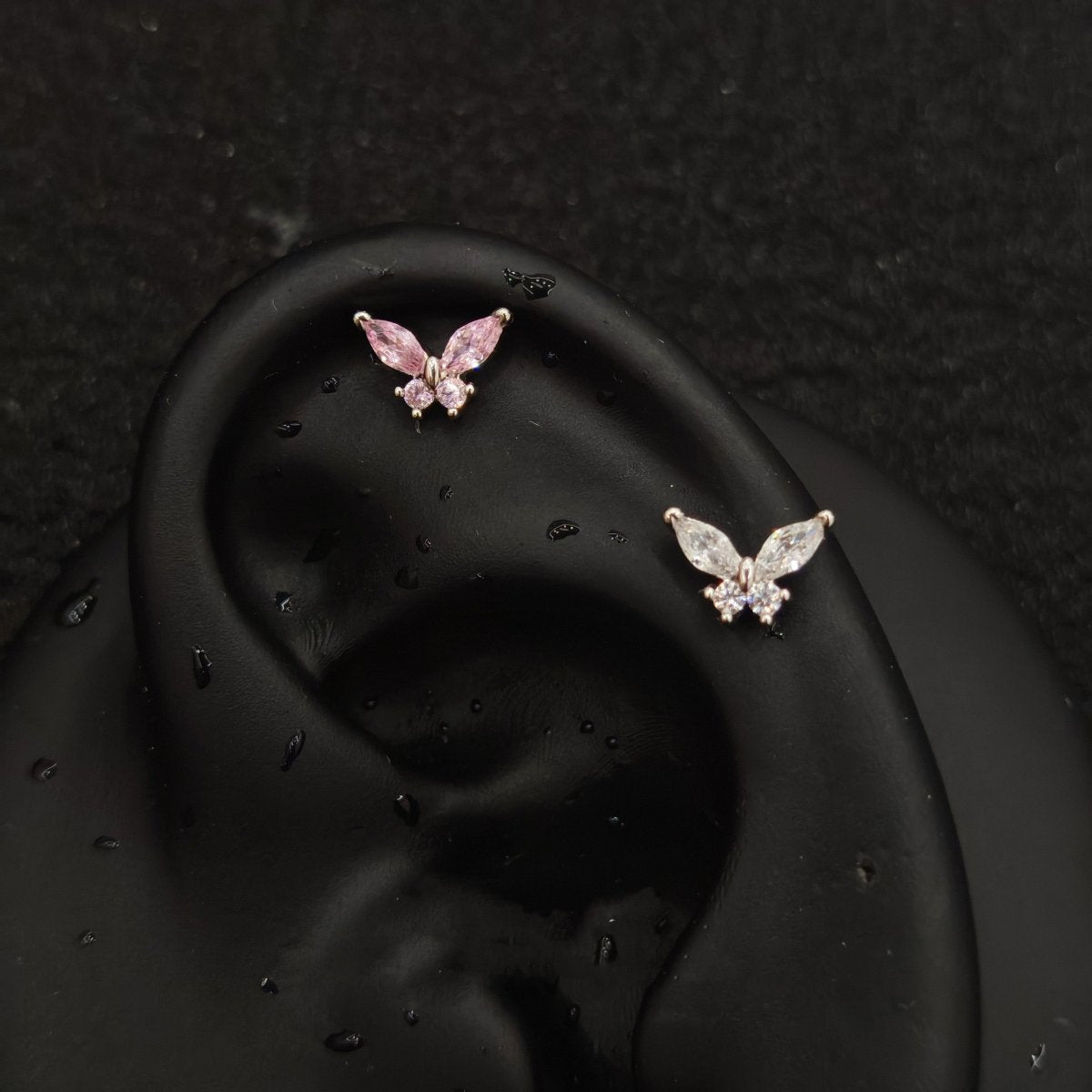 Titanium Butterfly Marquise CZ Piercing Stud – White & Pink | 1pc | Ear Nose Body Jewelry - AKAK BODYJEWELRY-ear-tunnel