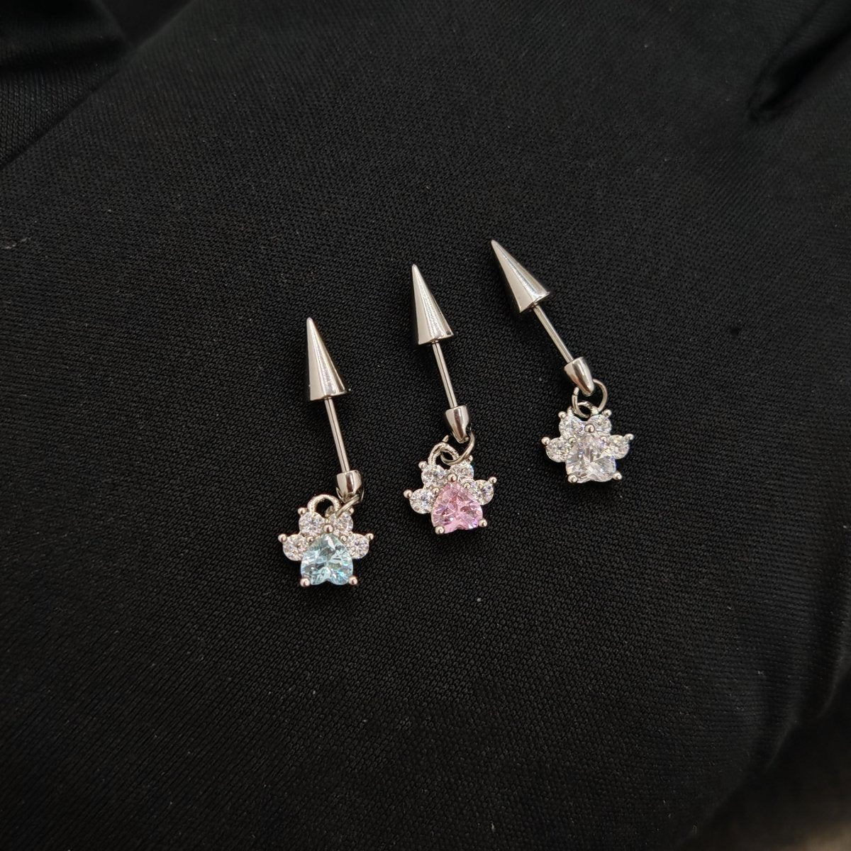 Titanium Spike Cat Paw CZ Dangle Piercing Stud |1PC – Blue / White / Pink | Ear Nose Body Jewelry - AKAK BODYJEWELRY-ear-tunnel