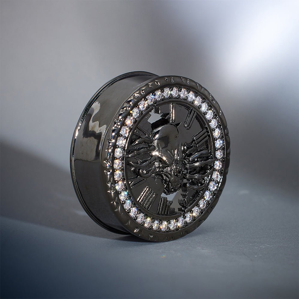 Tungsten Steel Zircon Hell's Timekeeper Skull Ear Gauge Plugs(2Pcs) - AKAK BODYJEWELRY - ear - tunnel